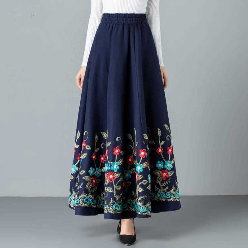 Mom elegant Embroidered Maxi pleated skirt Women Plus Size Winter Warm Woolen Long Skirt Lady High Waist Casual Wool Office saia 210619