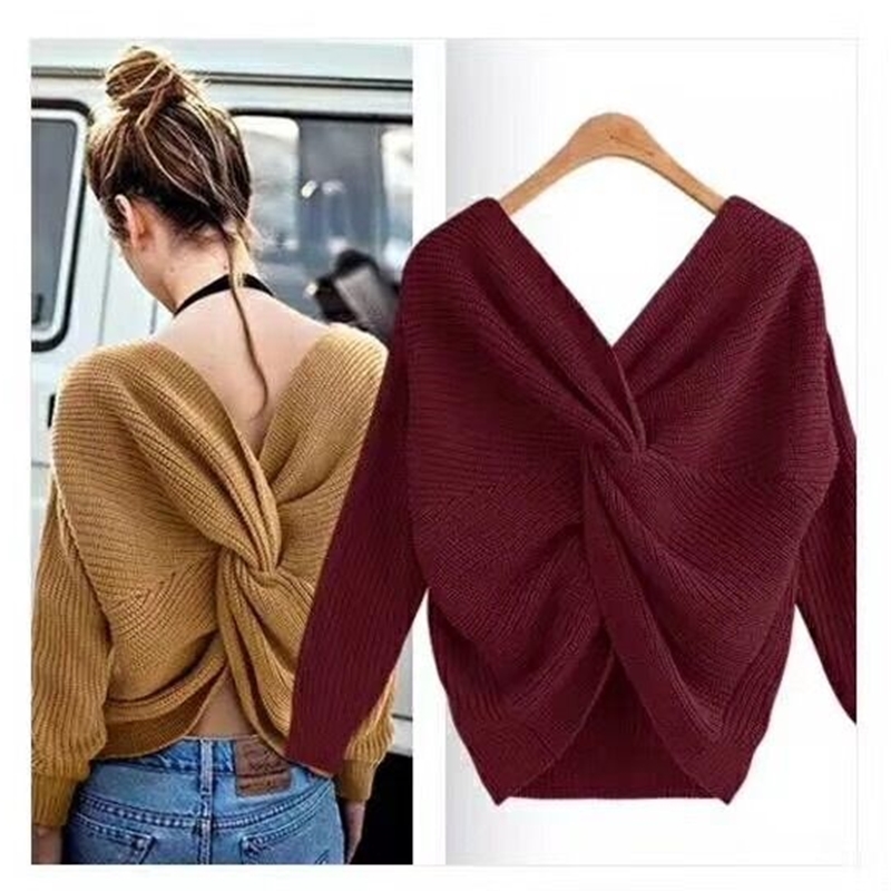 Autumn Fashion Sexy Irregular Criss-cross Reversible Sweater For Women Ladies Deep V-neck Pullover Knit Tops Lazy Oaf Streetwear 210514