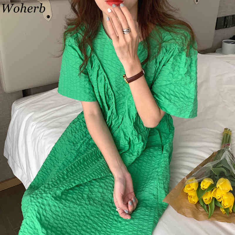 Summer Pleated Maxi Dress for Women Korean Robe O Neck Loose Vestidos Mujer Short Sleeve Elegant Temperament Dresses 210519