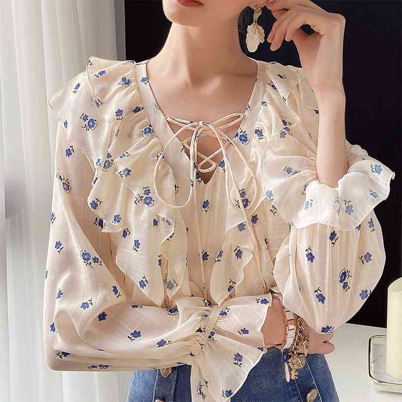 Dabuwawa Casual V-Neck Ruffled Women Blouse Shirt Long Sleeve Print Female Tops Blouse Girlish Style Ladies Blouse DO1AST013 210520