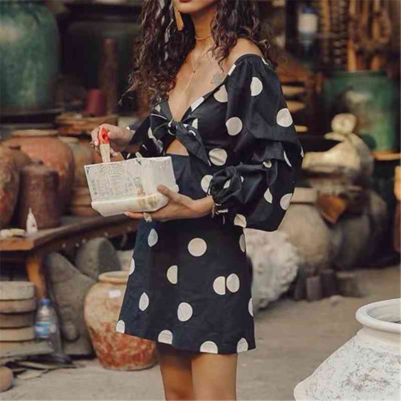 Elegant Women Bow Cross Dress Fashion Ladies V-Neck Dot Vestidos Sweet Female Chic Puff Sleeve A-line Mini Dresses 210430