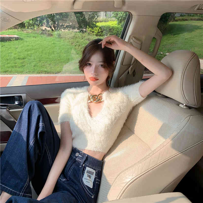 Women Short Slim Pullover Sexy Chain V-neck Cropped Sweater Chic Female Korean Mohair Sleeve Ladies Jumper 210519