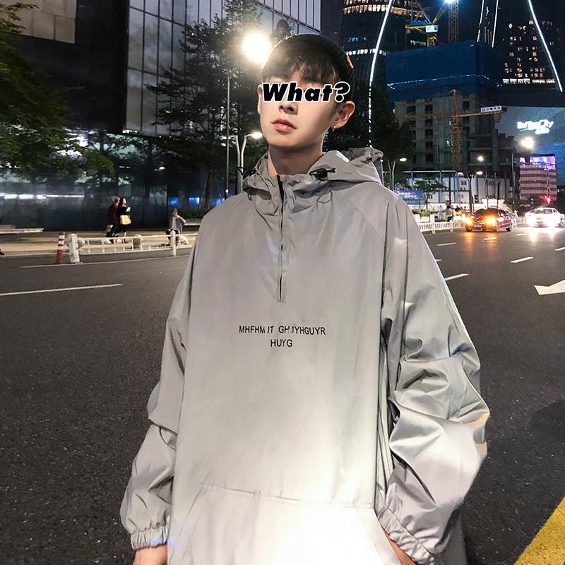 Oversized Reflective Pullover Jacket Men Spring Hooded Loose Outerwear Fashion Street Coat Windbreaker Clothing Male Plus Size Men's Jackets