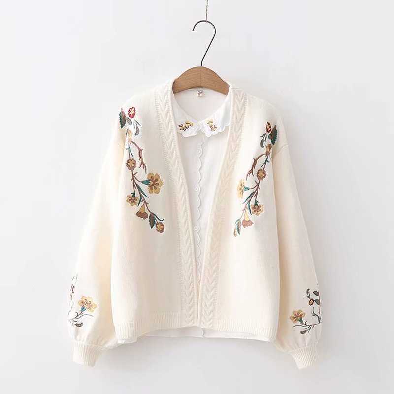Gagaok Women Knitted Fashion Cardigan Spring Autumn V-Neck Lantern Sleeve Embroidery Floral Thick Loose Harajuku Female Sweater 211011Z