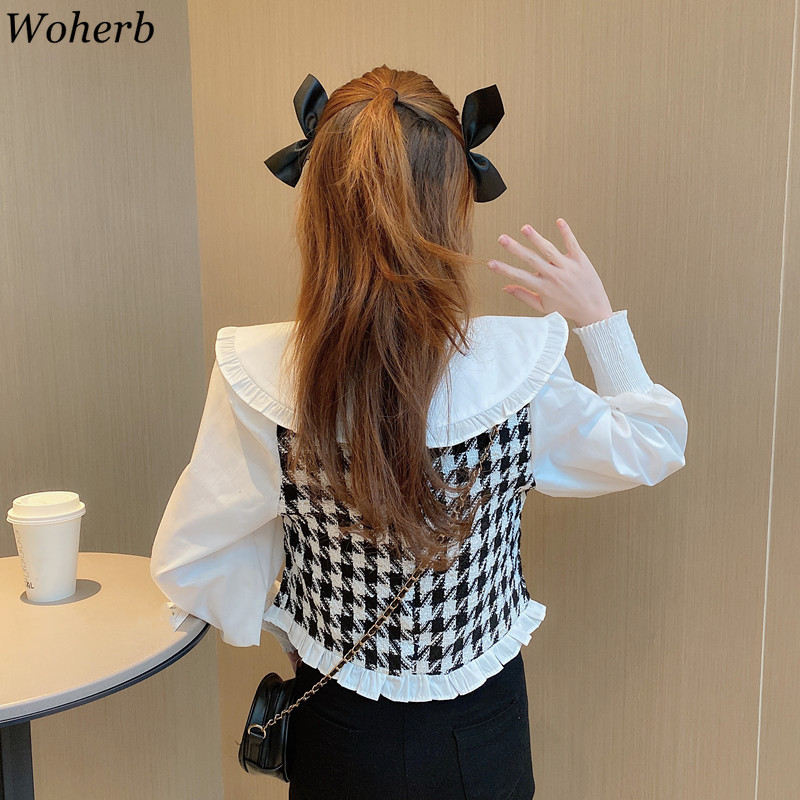 Sweet Plaid Blouse Women Peter Pan Collar Shirt Causal Long Sleeve Blouses Korean Spring Blusas Top 210519