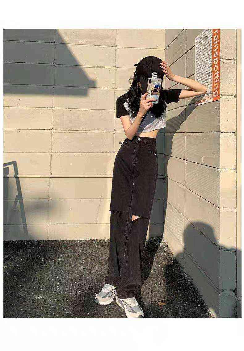 Black high-waist ripped straight-leg jeans women's spring and autumn loose thin drape wide-leg mopping pants 211129