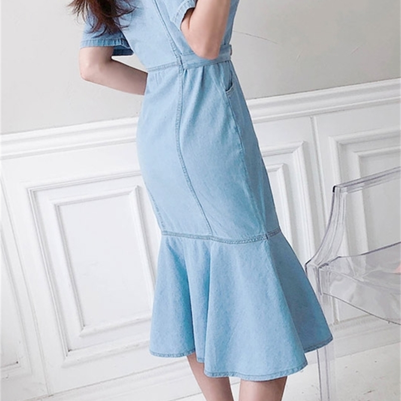 Women's Vintage Mermaid Solid Denim Dress Robe Female Short Sleeves Slim Elegant Single-Breasted Chic Summer Vestidos 210520