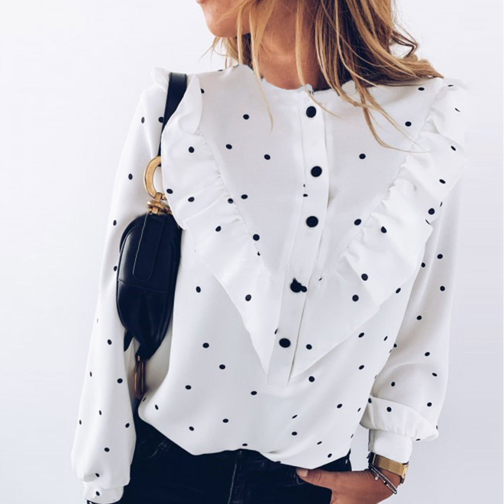 Jocoo Jolee Elegant Ruffle Polka Dot Print Blouse Women O-neck Long Sleeve Shirt Female Spring Summer Casual Shirt Lady Clothing 210317