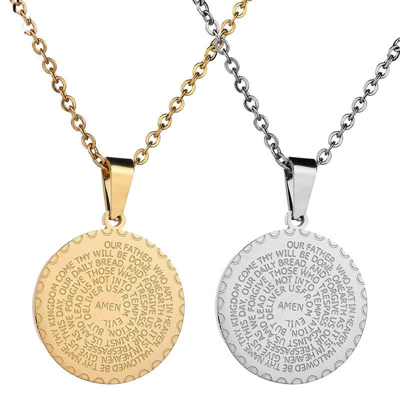 Pendant Necklaces Stainless Steel Bible Cross Round Necklace Religious Jewelry Christian Prayer Scripture Chain For Women Man