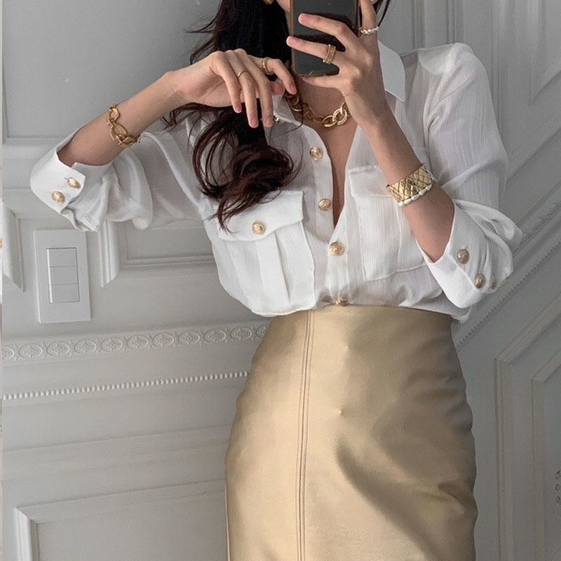 Spring Fashion White Shirt Blouse Women Long Sleeve Turn-down Collar Chic Shirts with Buttons Office Lady Tops 13252 210512