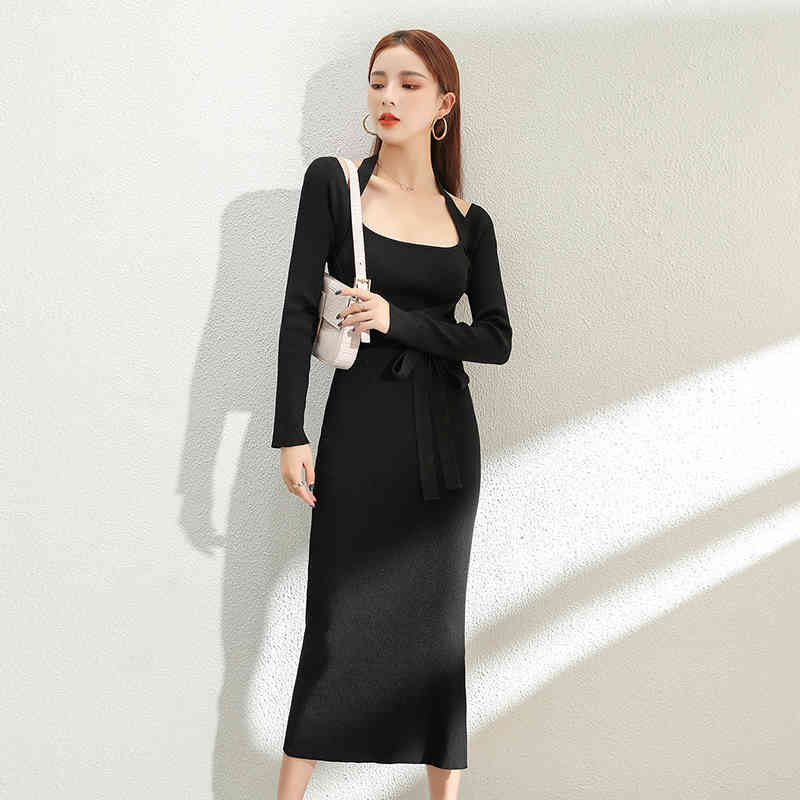 Women Bandage Black Sweater Dresses Long Sleeve O Neck Elegant Female Fashion Knitted Vestidos 210520