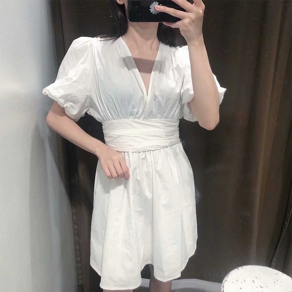 Summer Women Dress V-neck Puff Sleeves Elastic Waist elegant Casual Fashion Chic Lady Woman Pleated Short Dress 210709