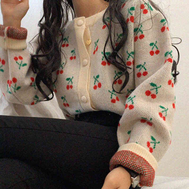 Women Fall Sweater Cardigans Chic Streetwear Cute Cherry Knit Jackets Korean Coat Autumn Winter Outwear Tops 210422