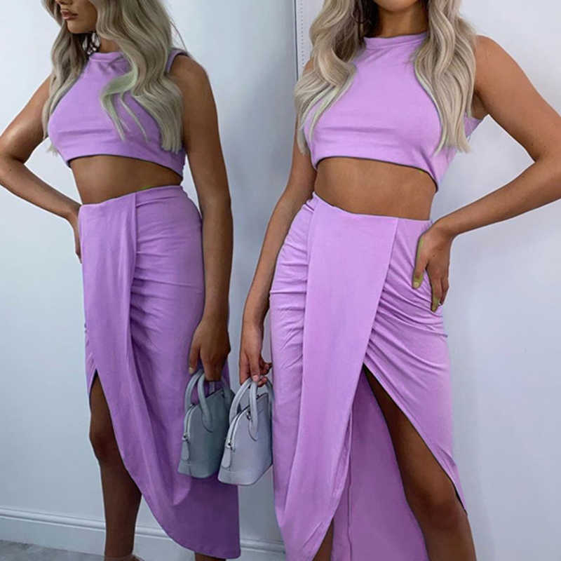 Fashion Lady Skirt Suits Sexy Sleeveless Tops And Casual Drawstring Skirts Outfits Summer Women Two Piece Sets Streetwear 210708