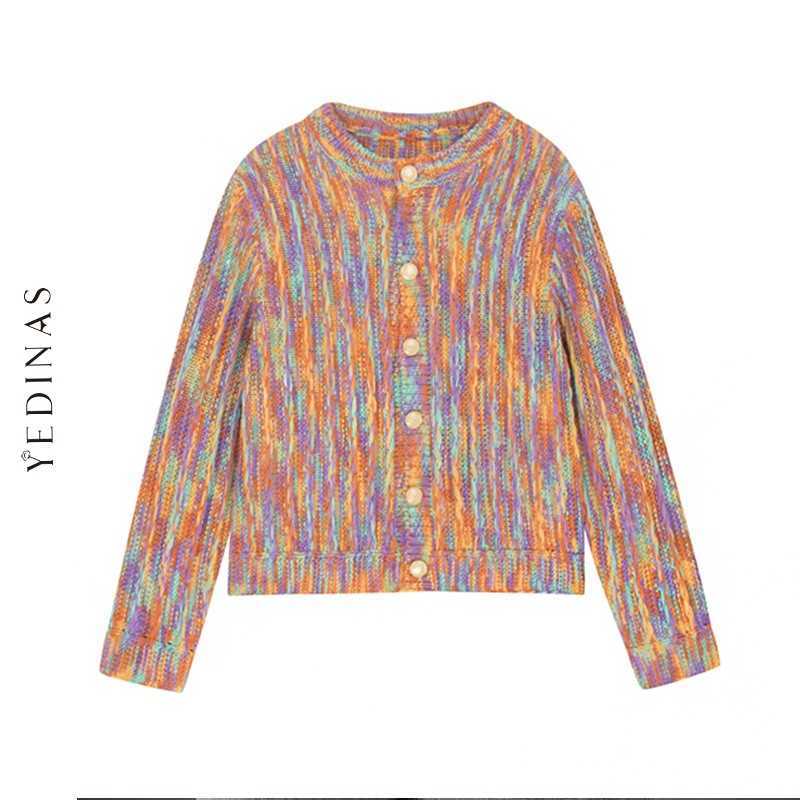Yedinas Rainbow Sweater Cardigans Casual Chic Colorful Women Cardigan Autumn Winter Button Up Knitted Sweaters Korean Fashion 210527