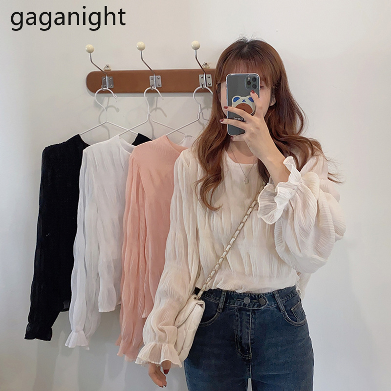 Gaganight Fashion Women Chiffon Blouse Solid Office Lady Long Sleeve Shirt Slim Korean Blusas Sweet Girl Blouses Chic Korean New 210317
