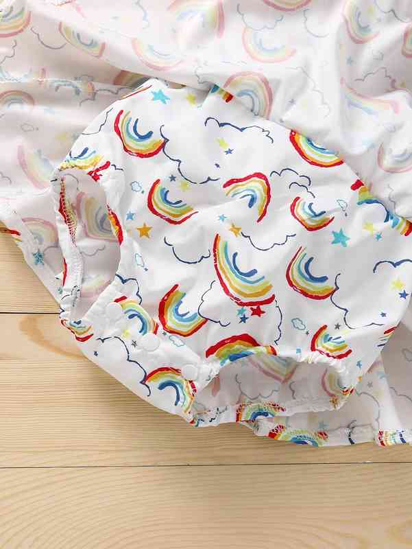 Baby Girl Rainbow Print Combo Bodysuit Dress With Headband SHE