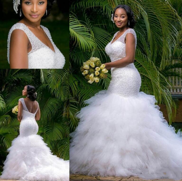 Plus Size Mermaid Wedding Dress Beading Sheer Deep V Neck Backless Corset Ruffles Tulle Garden Bridal Gowns 2022 African robe de mariee vestidos de no