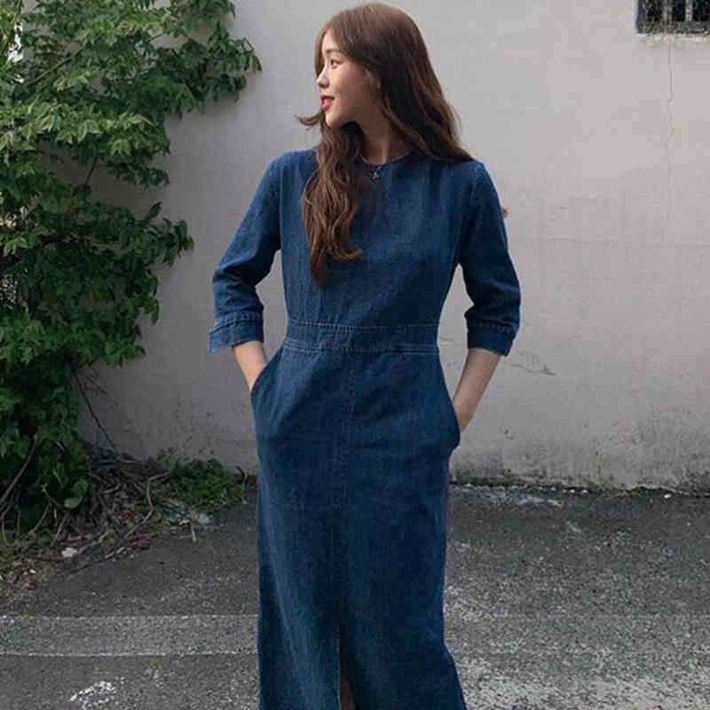 Summer O Neck Short Sleeve Casaul Women Elegant Long Robe Korea Slim Split Laides Denim Blue Dress QV888 210427