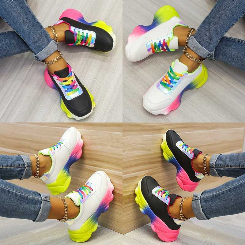 Muffin Flat Bottom Fashion Lace-up Rainbow Sole Thick Bottom White Shoes Women's Summer Thin Sneakers Women's Casual Shoes 2021 Y0907