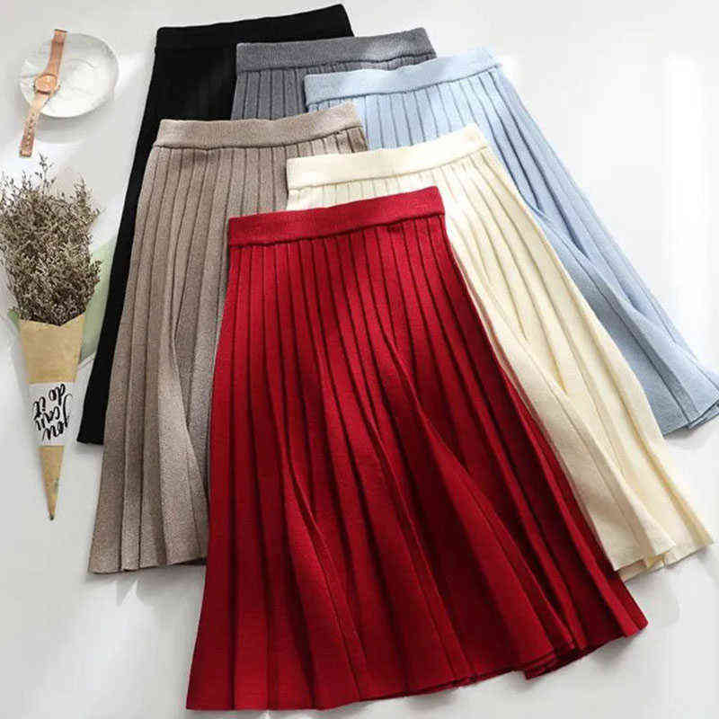 Lucyever Autumn Winter Thick Knitted Skirt Women Fashion High Waist Pleated Midi Skirts Female Elegant Chic A Line Skirt 211119