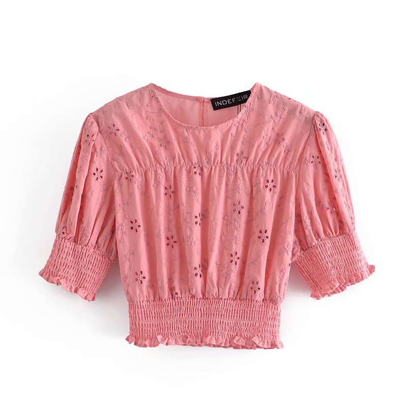 Elegant Pleated Puff Sleeve Floral Hollow Out Cropped Blouse Vintage O-Neck Elastic Waist Summer Chic Streetwear Female Tops 210521, Pink
Elegant Pleated Puff Sleeve Floral Hollow Out Cropped Blouse Vintage O-Neck Elastic Waist Summer Chic Streetwear Female Tops 210521, Pink