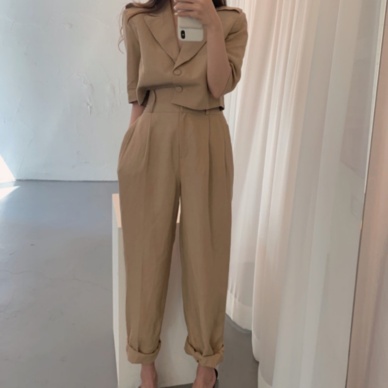 Korean Summer Fashion 2 Piece Set Women Elegant Short Blazer + High Waist Wide leg Pants Female Outfit 210518