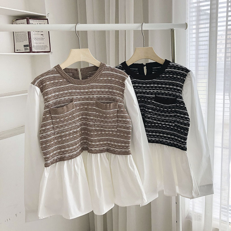 Nomikuma Stripe Patchwork Pockets Women Blouses Causal Long Sleeve O-neck Doll Shirt Spring New Korean Pullover Tops 6E095 210427
