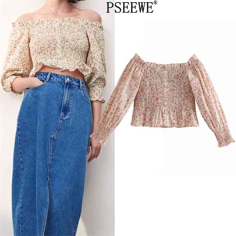 Blouse Woman Floral Print Off Shoulder Crop Top Female Stretch Ruched Ruffle Long Puff Sleeve Summer Women 210519 
Blouse Woman Floral Print Off Shoulder Crop Top Female Stretch Ruched Ruffle Long Puff Sleeve Summer Women 210519