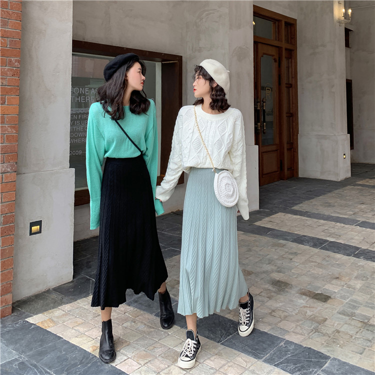 Nomikuma Knitted Women Skirt Korean Solid High Waisted A-line Midi Sweater Skirt Autumn New Causal Faldas Mujer Moda 6C058 210427