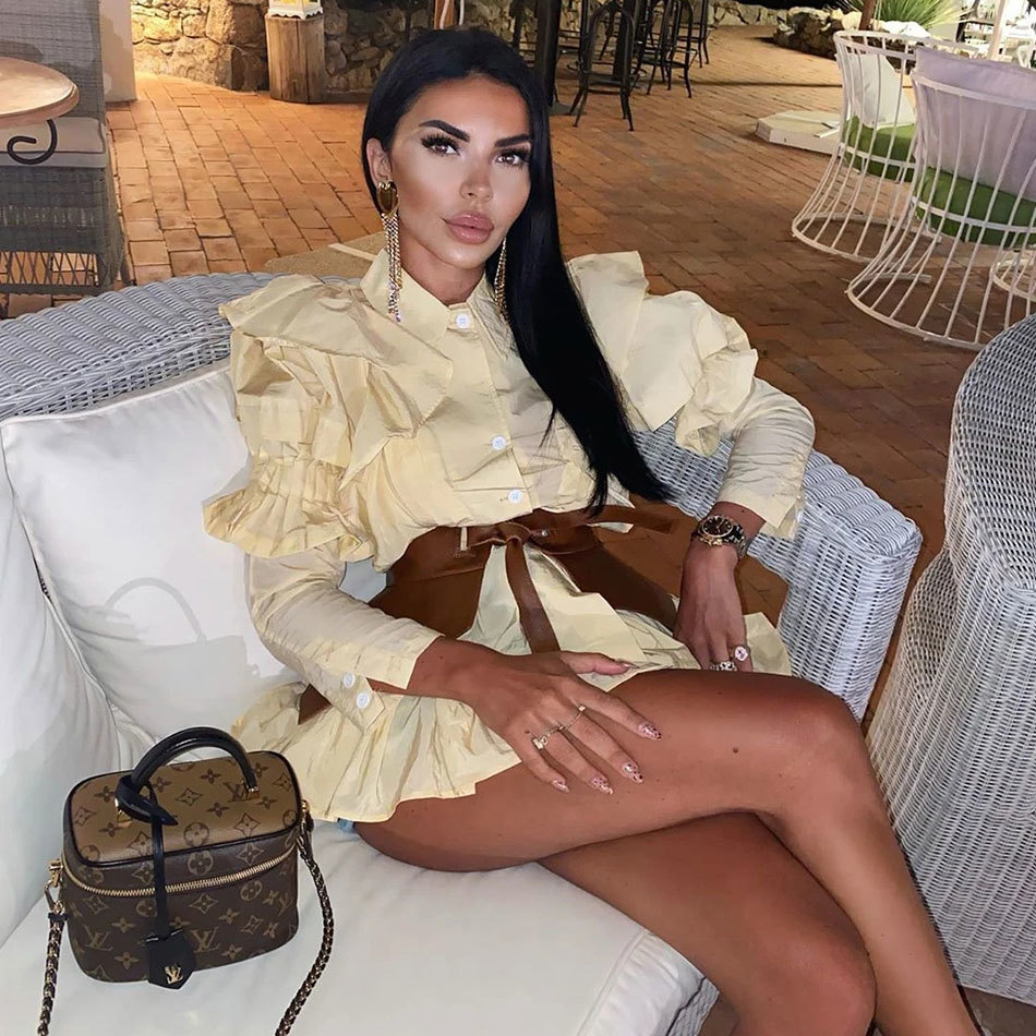 Free Sweet Dress Women's Fashion Lantern Sleeve Ruffle A-line Pleated Mini & Leather Lace-Up Girdle Vestido 210524