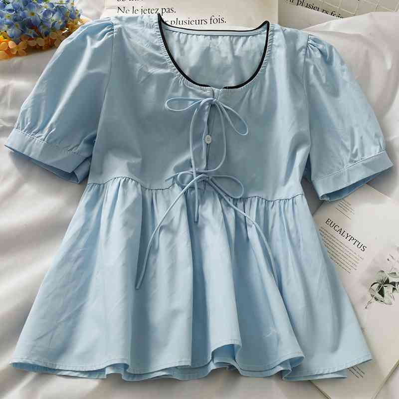 Kimutomo Sweet Wind Bow Lace Up Blouse Girls O Neck Short Sleeve Shirt Female Summer Solid Color Korean Chic Elegant 210521