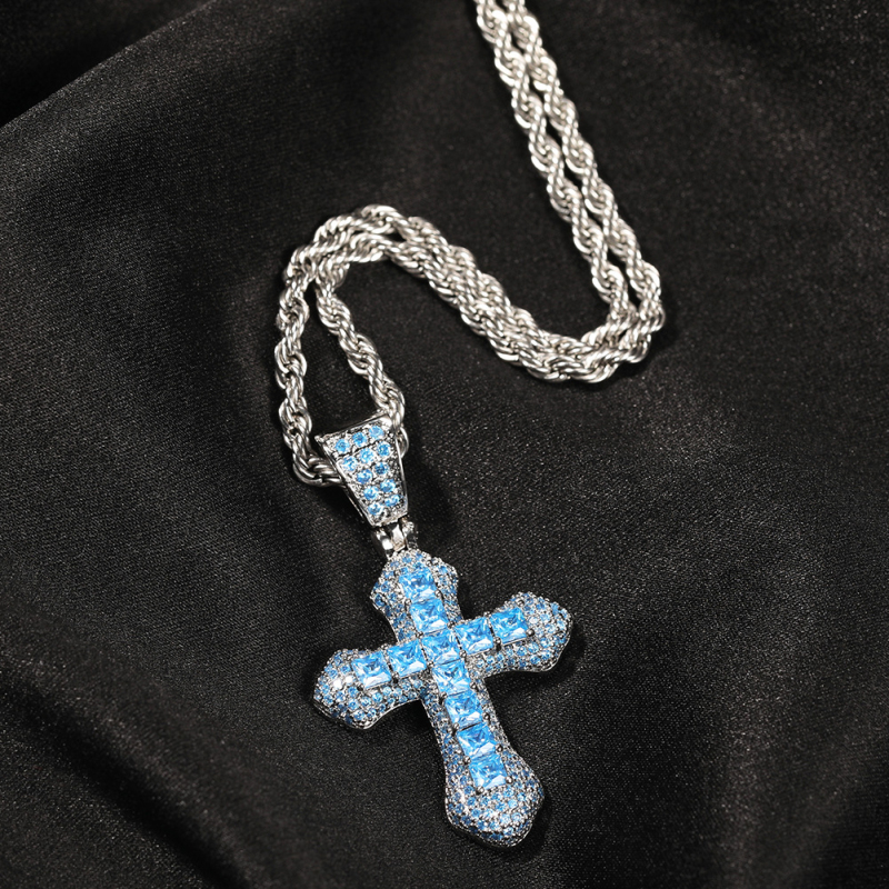 New Trendy CZ Pave Setting Cross Pendant Necklace High Quality Hip Hop Men Jewelry with Twist Chain