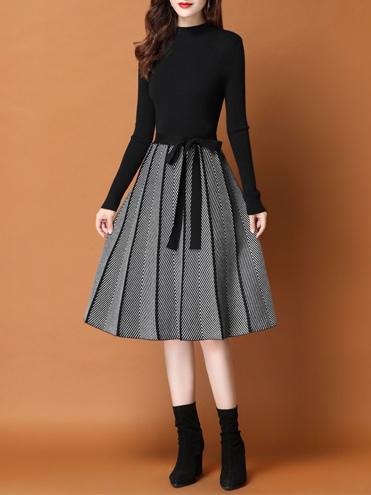 Vintage Elegant Knitted Sweater Pleated Dresses Winter Women Long Sleeve Office Lady Casual Midi Vestido Da Festa 210520