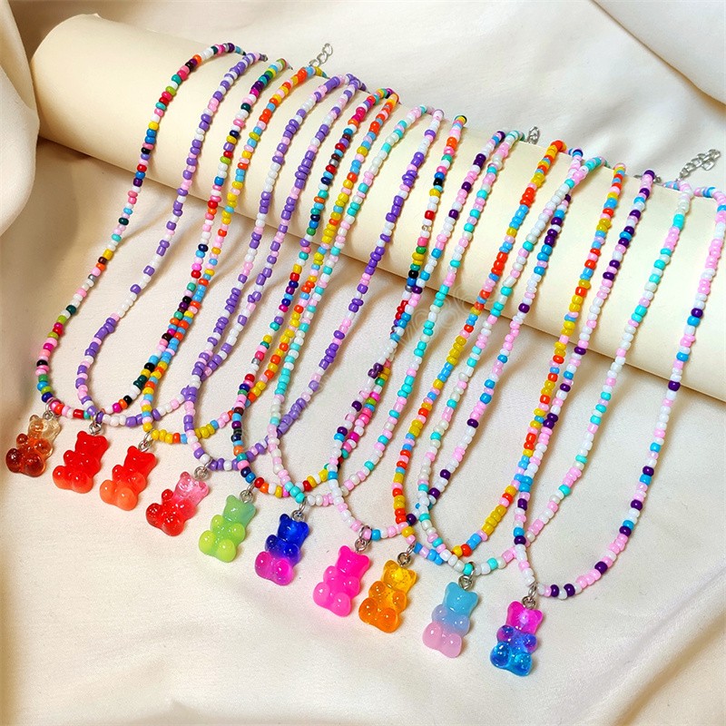 Bohemian Colorful Round Bead Necklace For Women Cute Gradient Rainbow Resin Bear Pendant Necklace Fashion Jewelry Girl Gifts