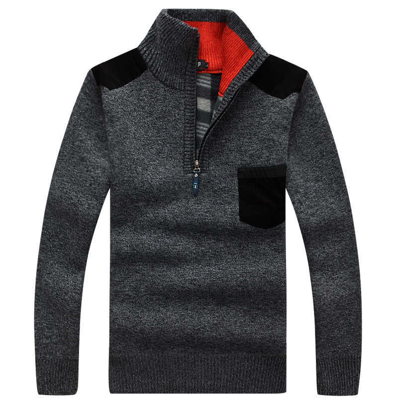 Winter Mens Pullover Knitted Sweater Male Wool Fleece Thick Casual Pullover Patchwork Warm Pocket Sweater Standing Collar 210818