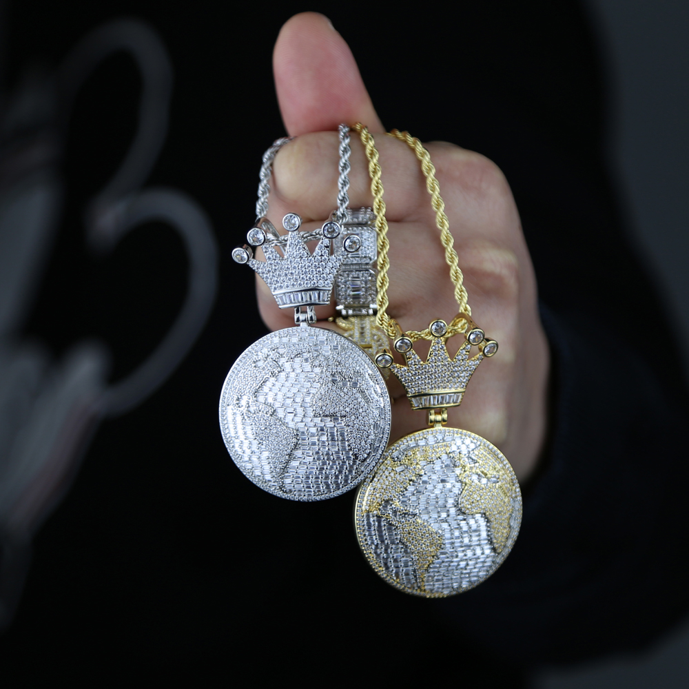 Bling 5A Cz Round Globle Pendant with Crown Shaped Necklace Full Iced Out Cubic Zirconia Hip Hop Custom Mens Cool Jewelry
