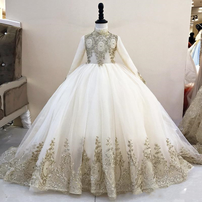 Arabic Islamic Muslim Flower Girls Dresses High Neck Long Sleeves Golden Lace Little Girl Toddler Kids Formal Wear Pageant Wedding Party Dress Communi