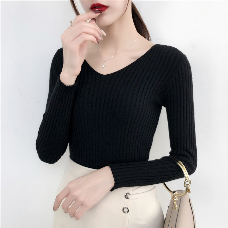 Autumn and Winter V-neck Long Sleeve Bottoming Sweater Korean Slim Elasticity Knitted Pullover Knitwear Tops 10309 210427
