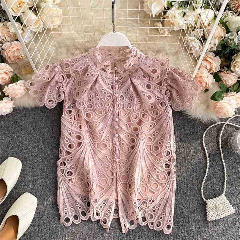 Vintage Women Top Summer Stand Collar Single Breasted Slim Shirts Fashion Hollowing Out Lace Korean Woman Shirt Tops 210525
Vintage Women Top Summer Stand Collar Single Breasted Slim Shirts Fashion Hollowing Out Lace Korean Woman Shirt Tops 210525