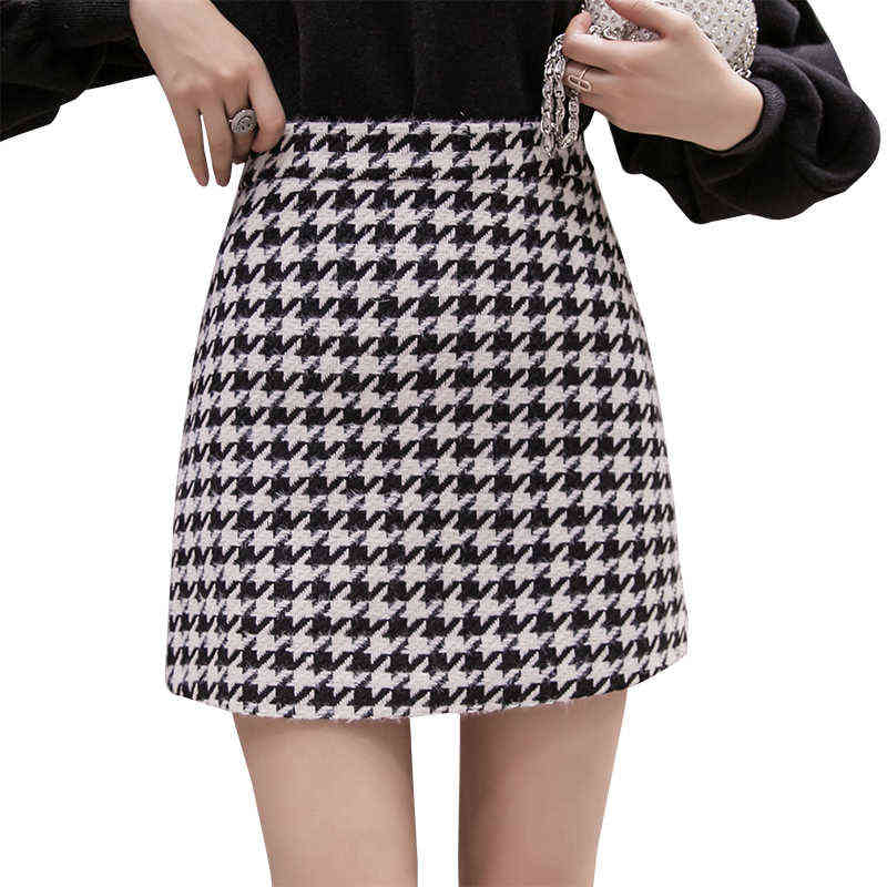 REALEFT Autumn Winter Stylish Houndstooth Skirt Women Woolen Skater Skirts High Waist A-Line Sexy Mini Skirts Female 211119