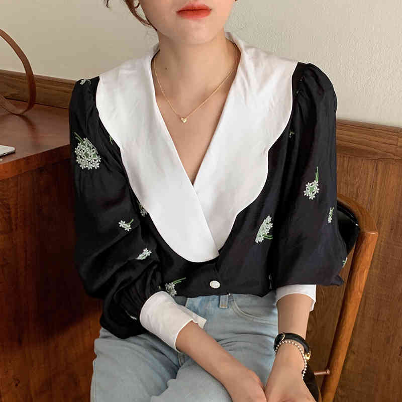 Korean Chic Retro Turn Down Collar Puff Long Sleeve Blouse Floral Embroidery Loose Blusas Casual Sweet Shirt Top 210519