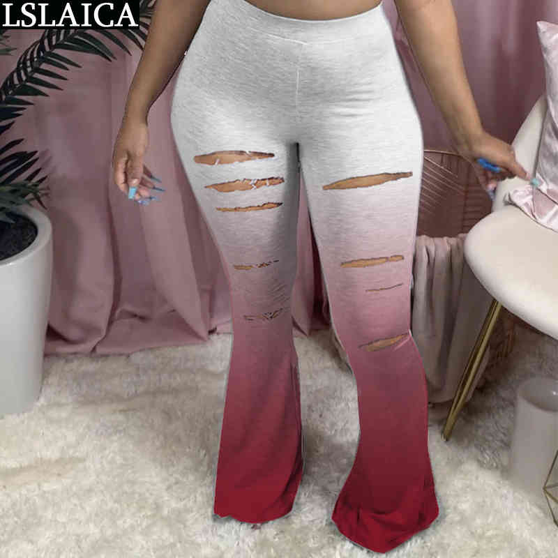 Sexy Pants Women Tie Dye Print Hole Ladies Mid Waist Trousers Streetwear Fashion Flare Casual Female Plus Size 210515