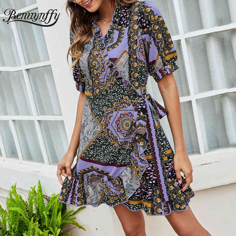 Surplice Neck Mixed Print Tie Side Wrap Mini Dresses Summer Fashion High Street Women Short Sleeve Ruffle Dress 210510