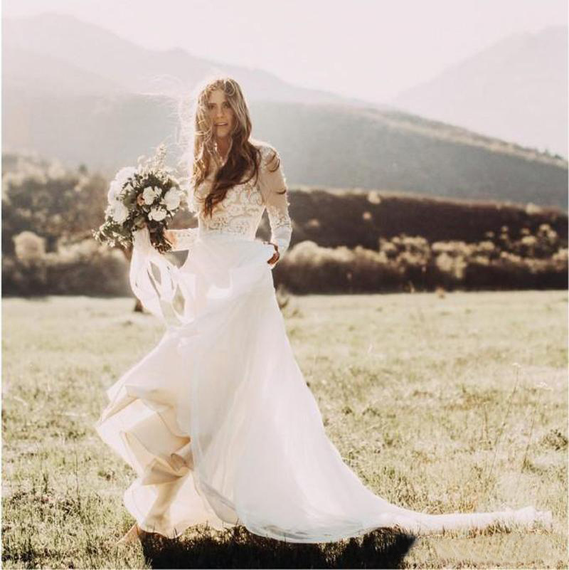 2022 Bohemian Country Wedding Dresses Gown With Sheer Long Sleeves Bateau Neck Mermaid Lace Applique Chiffon Boho Bridal Gowns
