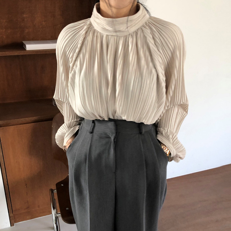 Nomikuma Autumn Winter Elegant Half Turtleneck Women Blouse Korean Pleated Solid Long Sleeve Shirt New Pullover Tops 6D527 210427