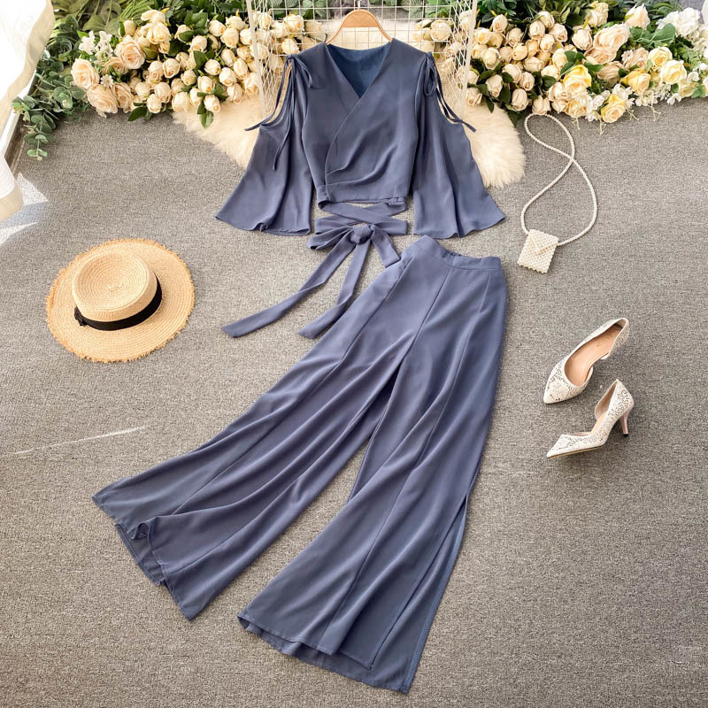 Bandage Cropped Cardigan Blouse Women Two Pieces Set Wide Leg High Waist Pants Female Summer Elegant Solid Suit Outfits 210519