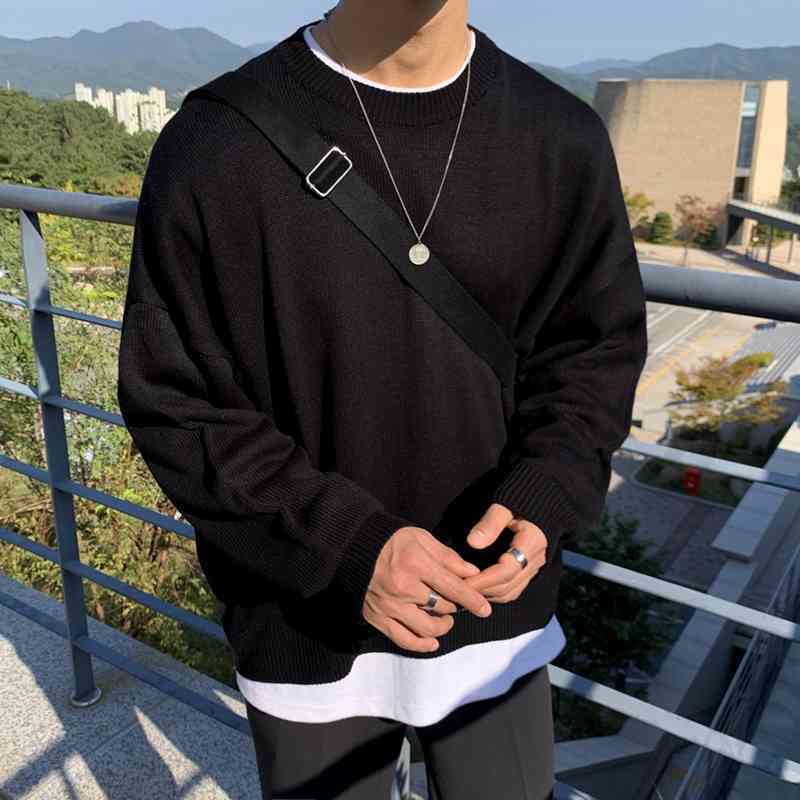 IEFB men's solid color sweater autumn Korean style loose round collar knitted long sleeve base tops male trend clothes Y4239 210524