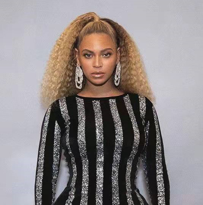 Beyonce blonde ponytail hairstyle kinky curly short high strawberry blond virgin hair pony tail hairpiece with drawstring clip in 120g 140g color #27 