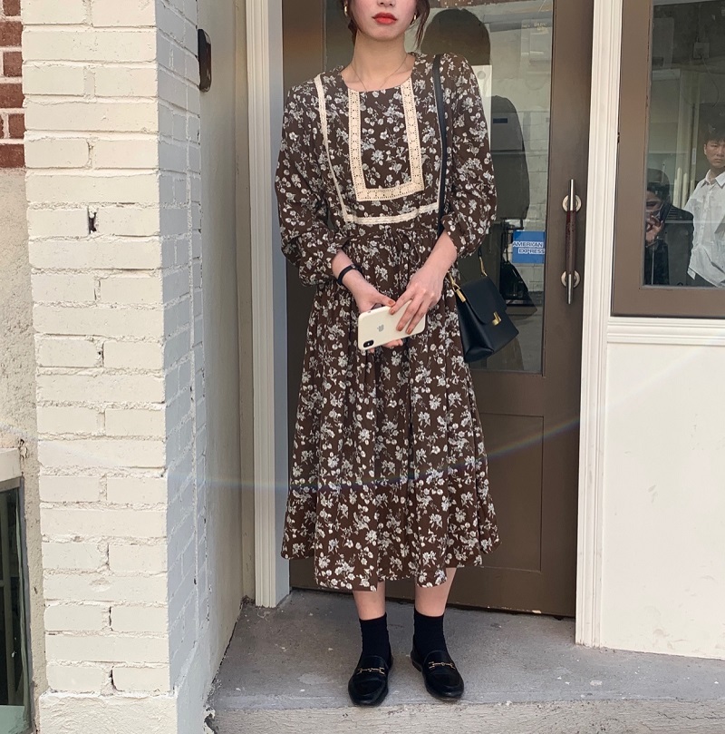 Comelsexy Women French Retro Dress O-Neck Printing Lace Loose Gentle Full Sleeves Elegant Long Chic Female Fashion Clothe 210515